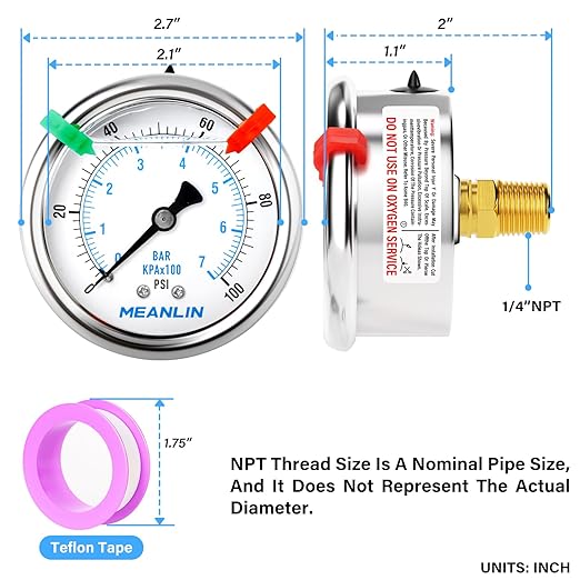 MEANLIN MEASURE 0~100Psi Liquid Filled Pressure Gauge 1/4" NPT 2.5" FACE DIAL Stainless Steel Glycerin Filled WOG Water Oil Air Back Mount (with 2PCS Snaps)