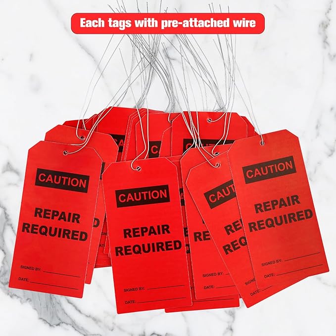 50 pcs Repair Require Tags with Pre-Attach Wire,PVC Plastic Maintenance Required Tags