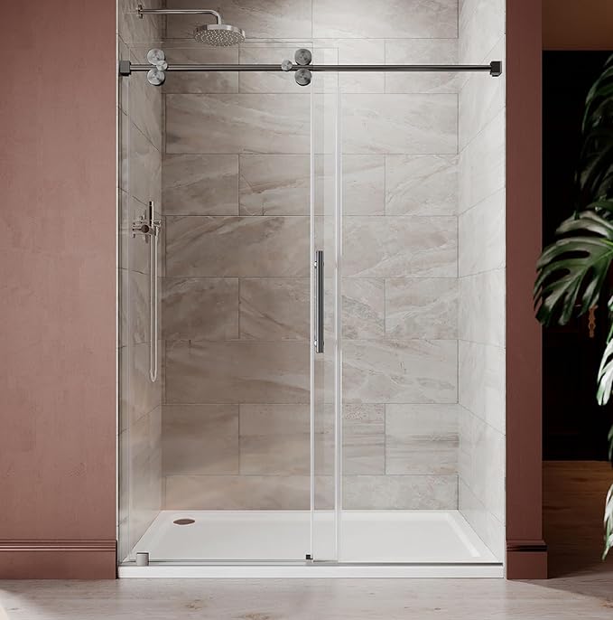 56-60 Inch x 84 Inch Sliding Frameless Shower Door, 3/8" Tempered Glass with Easy-Cleaning Coating, Stainless Steel Rollers & SGCC-Certified Stability, Space Gray