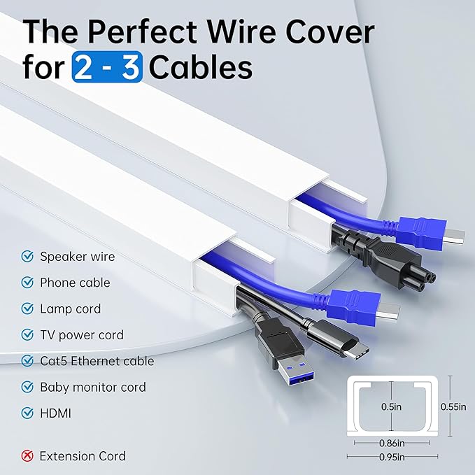 Delamu Cable Hider, 315in Cord Covers for Wires on Wall, One-Cord Cord Hider, Paintable Wire Hiders Wire Covers for Cords, Cable Management for Hiding 2-3 Wires, 20x L15.7 W0.95 H0.55in, White