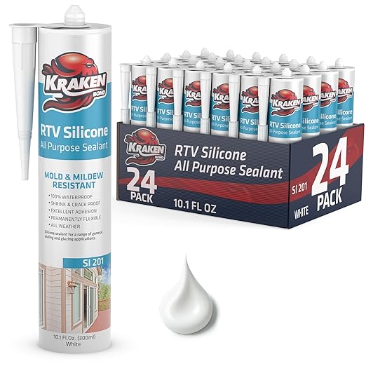 Kraken Bond White Silicone Sealant Waterproof%100-10 fl oz Cartridge - RTV Silicone Caulk Bathroom and Kitchen, All Purpose, Window Caulking Sealant Outdoor, RV, Exterior Use Silicon - 24 Pack