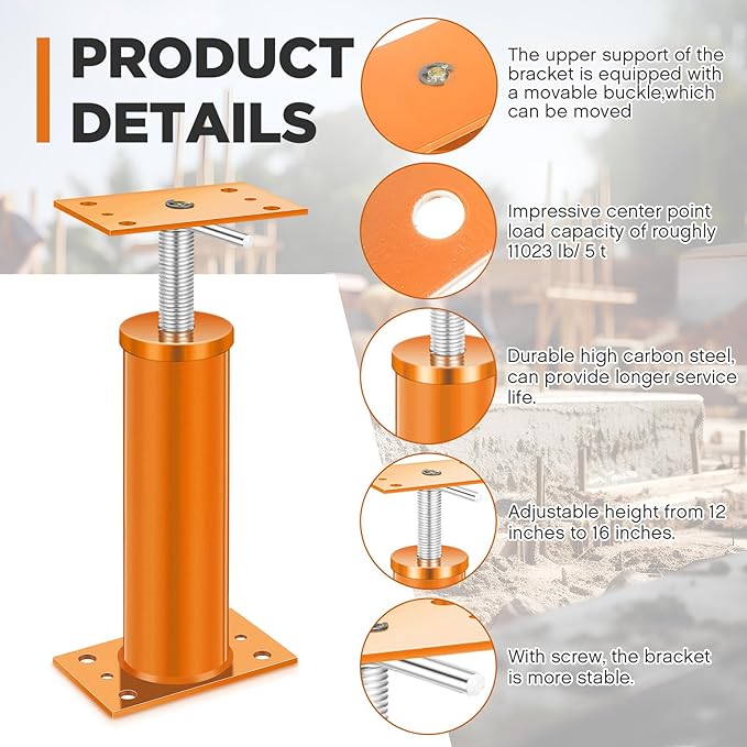 2 Pcs House Jacks for Leveling, Adjustable Jack Post 12"-16" Basement Floor Jack, Supports Stabilizer Screw Jacks for House Foundation, Stairs, Porches, Roof Beams, Load Capacity 11023 Lbs