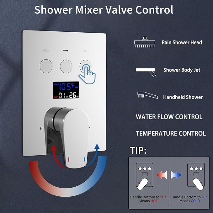 Temperature Display Rain Mixer Shower Faucet Set with 6 pcs Body Jets 12 inch Square Rainfall Shower Head with Handheld Spray Wall Mounted Rough-in Valve and Trim Included,Chrome