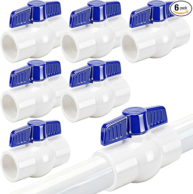 6 Pack 1-1/2" PVC Ball Valve, SCH40 Slip Plastic Water Pipe Valve T-Handle Shut-Off Valve Socket, PVC Valve 1-1/2inch for Swimming Pool, Sprinkler Lines, Outdoor Plumbing & Irrigation System