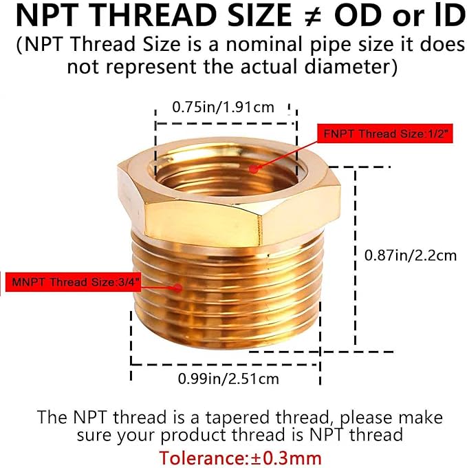3/4" NPT Male to 1/2" NPT Female Brass Hex Bushing Reducing Bushing Pipe Fitting, Brass Fitting Reducer Adapter 3 Pack