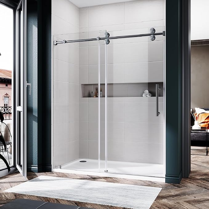 56-60 Inch x 72 Inch Sliding Frameless Shower Door, 3/8" Tempered Glass with Easy-Cleaning Coating, Stainless Steel Rollers & SGCC-Certified Stability, Space Gray