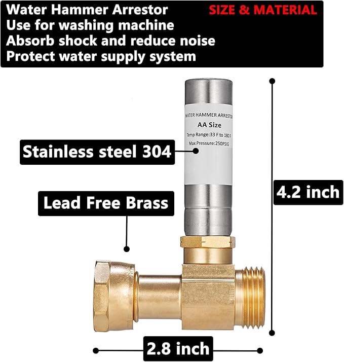 (2 Pack) Lidertik Water Hammer Arrestor for Washing Machine and 3/4 Inch Garden Hose, Stainless Steel Chamber and 2 More Washers, Absorb Shock and Reduce Noise LI-XYJSC-BXG-S(2 PCS)