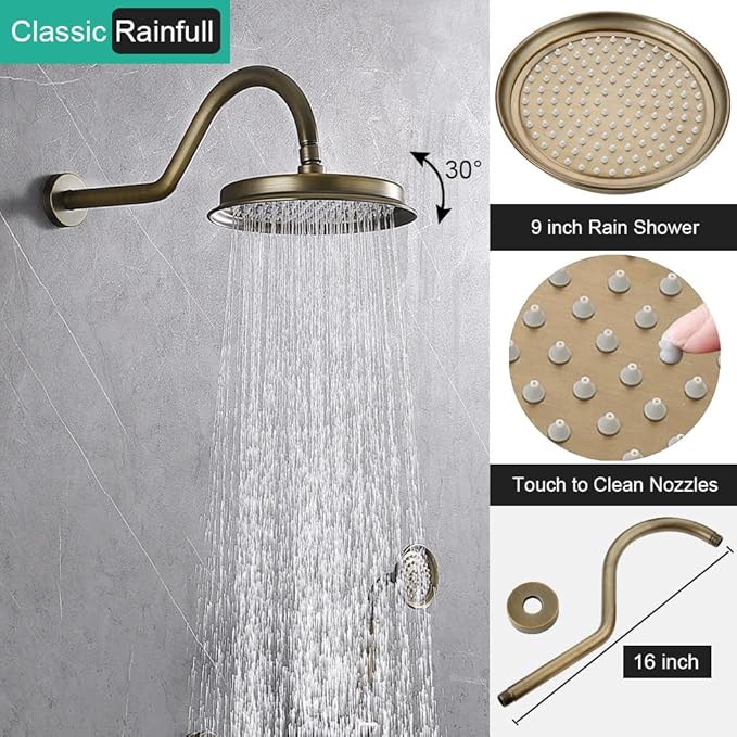 Antique Brass Shower System - Faucets Sets Complete Wall Mounted 9" Rain Head with Handheld Spray and Body Jets Bathroom Fixtures Combo, 3 Way Diverter Rough in Valve Trim Kit