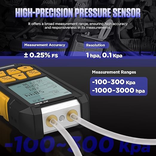 Manometer, Dual-Port HVAC Manometer with 7 Adapters, 10 Units Switch, Data Locking & Storage, Magnetic Back, Gas Pressure Tester, -100~300Kpa, PT530