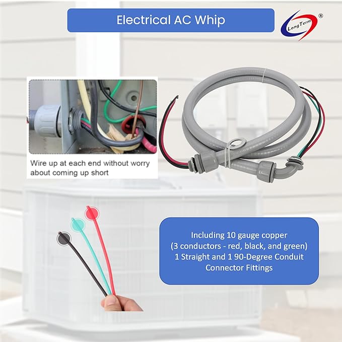 Electrical AC Whip Assembly -1/2" x 6ft Non-Metallic Liquid Tight Electrical Conduit and 10 Gauge Wire A/C Hook-up Whip Kit