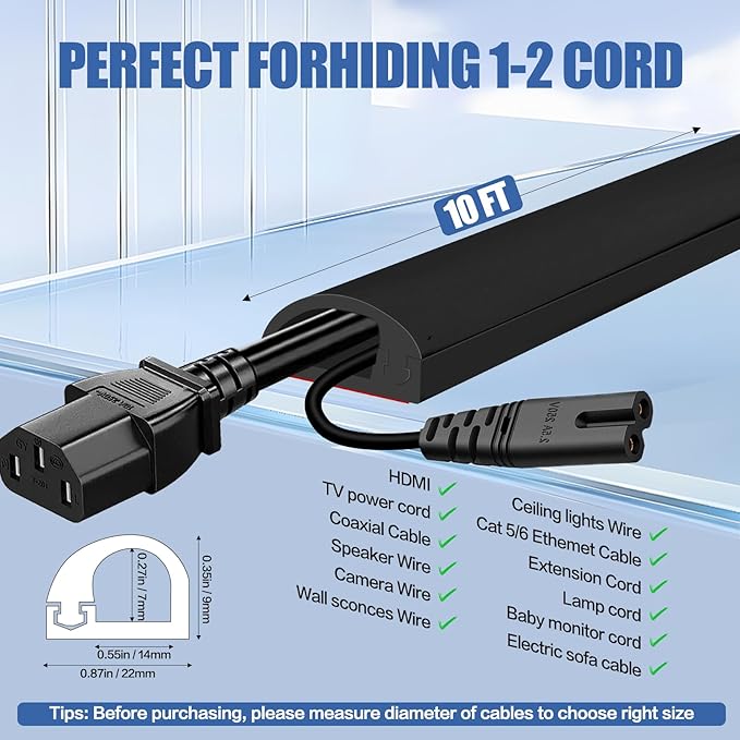 Floor Cable Cover, Low Profile Cable Hider for Wires, Self Adhesive Cord Hider for Wall, Cord Covers Wall Mounted Tv, for Offices, Gym, Exhibitions(Black, 10 Feet)