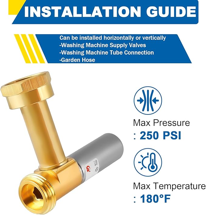 Water Hammer Arrestor for Washing Machine, 3/4 Inch Swivel FHT x 3/4 Inch MHT, Stainless Steel Angle Hammer Arrestor, Fittings of Metal for Pipes Applicable for Garden Hose and Plumbing(Pack of 1)