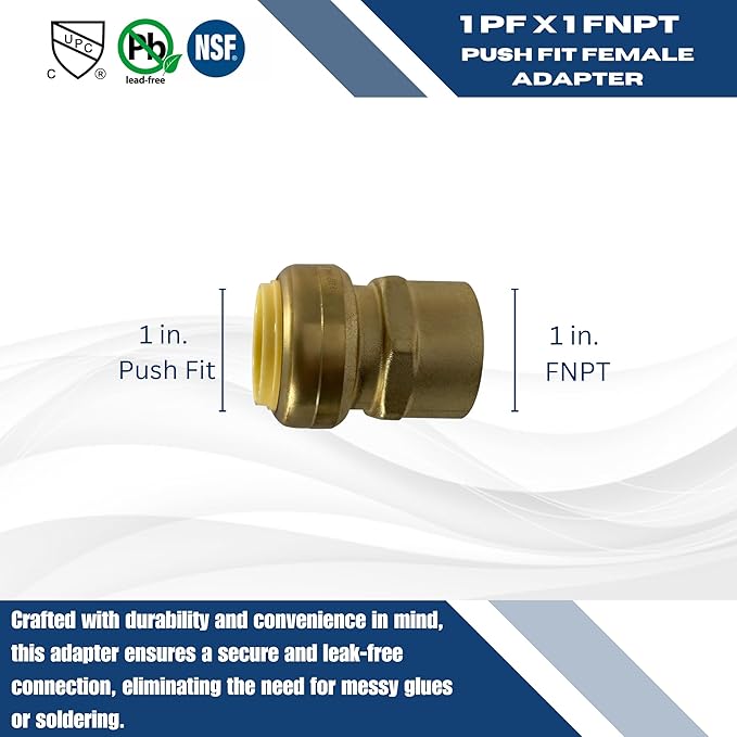 XFITTING Push Fit 1 Inch x 1 Inch Female NPT Adapter, Brass Fittings, Push to Connect Pex Copper, CPVC, 2 Pieces