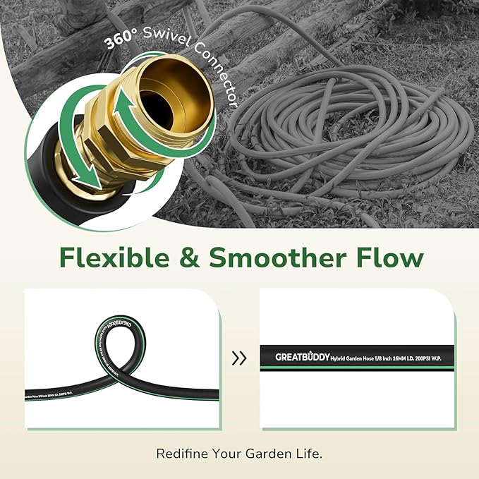 GreatBuddy Garden Hose 50ft, 5/8" Water Hose Heavy Duty, Flexible, Lightweight Hybrid Hose, Burst 600 PSI with Solid Brass Male to Female Fittings Leakproof Hose for Backyard, Garden