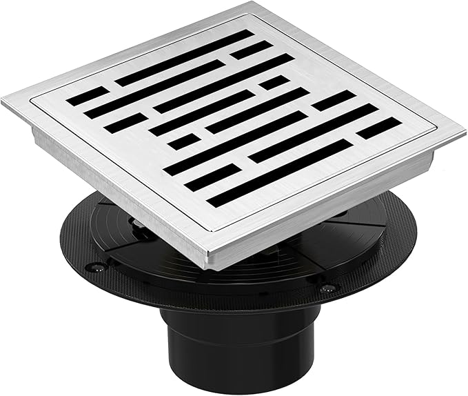 6 Inch Square Shower Floor Drain, Shower Drain Kit with Flange, Square Shower Drain, SUS 304 Stainless Steel Floor Drain,Silver
