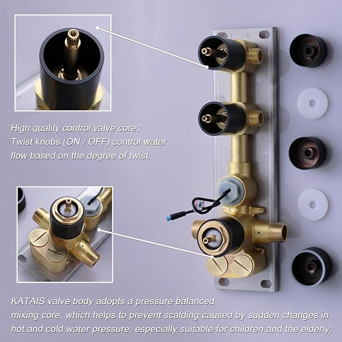 Concealed Mount Brass Shower Valve, Digital Temperature Display, Flow Control Mixing Valve, 2 Function, Matte Black