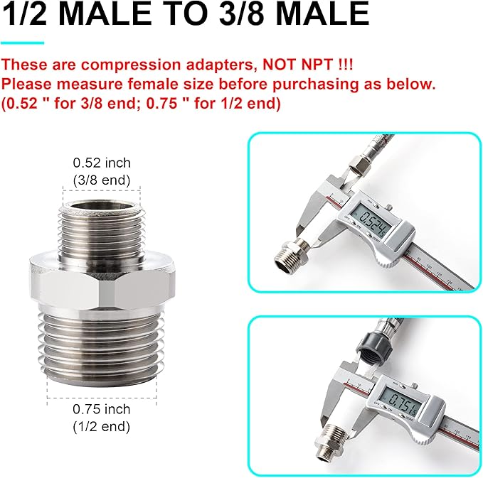 1/2 to 3/8 Reducer Faucet Adapter - Compression Brass Pipe Fitting, 3/8 Male to 1/2 Male Supply Line Adapter for RV Kitchen Plumbing, Water Hose Pipe Connector with Rubber Washer, (2 Pack)