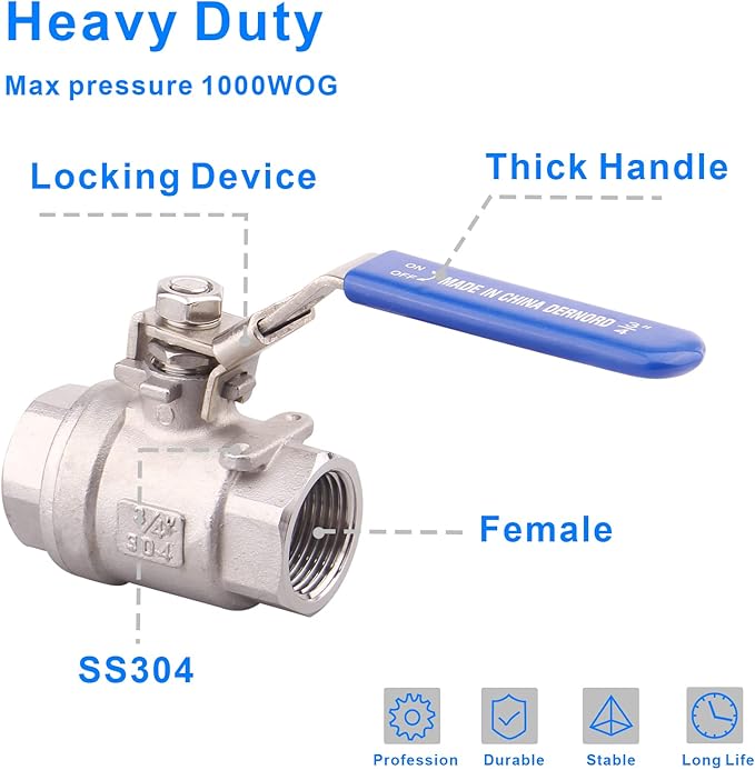 DERNORD Stainless Steel 304 Ball Valve, Full Port Heavy Duty for WOG with Locking Device (3/4" NPT)