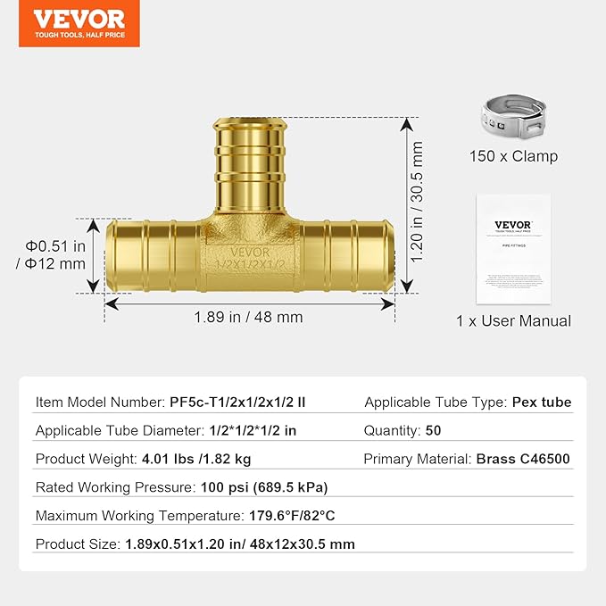 VEVOR Pipe Fittings, 1/2" 50PCS Brass Pipe Fittings, Clamp-style Tee Pipe Connector Brass Air Fittings, Heavy Duty Plumbing Fittings Tube Adapter for Heating/Shower Systems,Outdoor Water Pipes
