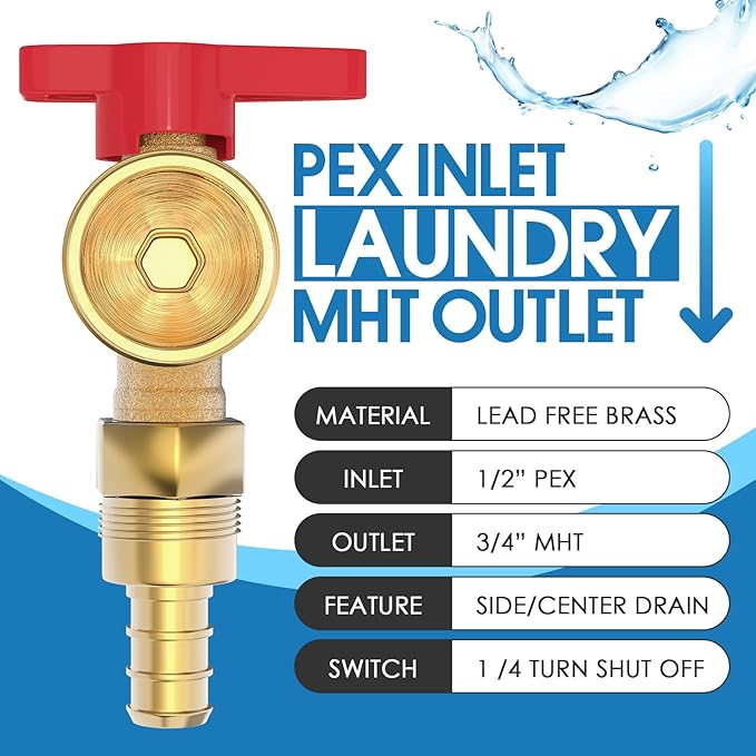 Universal Washing Machine Outlet Box, 1/2-Inch Pex Crimp x 3/4-Inch MHT Connection with Center Drain, Laundry Washer Valve Outlet Box