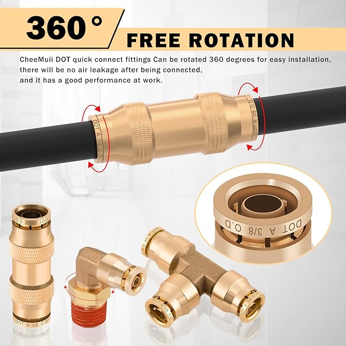 CheeMuii 58 Pcs Brass DOT Air Line Fittings Kit Push Lock DOT Air Fittings Push to Connect Fittings NPT Thread & Quick Connect Air Hose Fittings for Air Line Air Hose Pneumatic Tubing