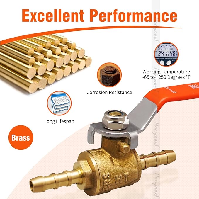 1/4 inch brass mini shut off barb ball valve for water fuel hose gas line rv air tubing, straight inlet manifold petcock (1pc with clamps kit)