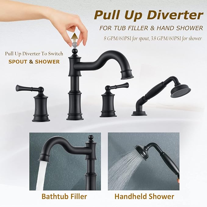Roman Bathtub Faucet Set With Hand Shower 4 Hole Deck Mount Tub Filler With Diverter, 2 Lever Handle Rough-in Valve and Water Supply Lines Included for Bathroom Tub, Matte Black