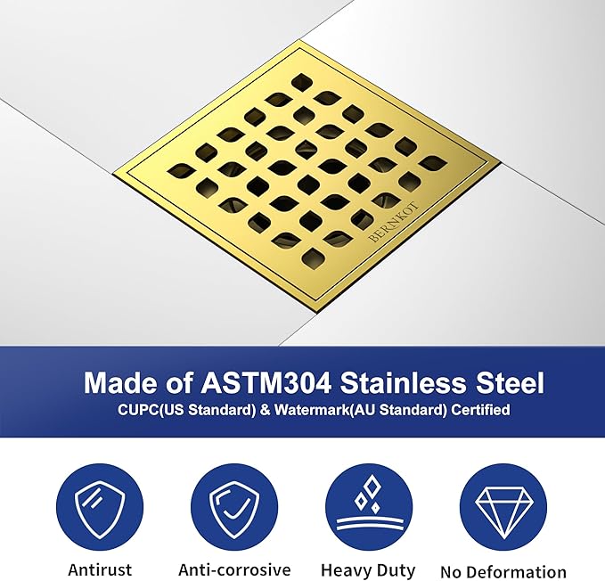Square Shower Drain 4" Polished Gold 304 Stainless Steel Drain Grate Removable Drain Key with PVC Bonding Flange Base for Low Profile Shower Floor Tiles