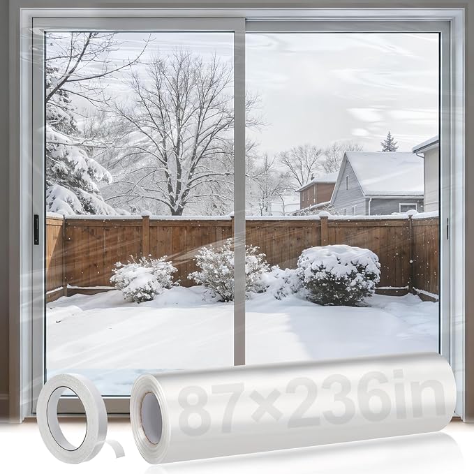 Thicken 87×236in Window Insulation Kit for Winter - Fits Sliding Door French Door Clear Plastic for Patio Winterizing, Heat Shrink Cuttable Large Window Film with Double-Sided Tape