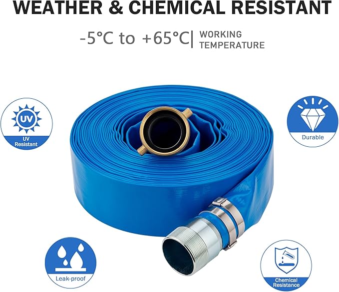 DAVCO 1.25" ID x 100 ft Pool Backwash Hose, Heavy Duty Reinforced Blue PVC Lay Flat Water Discharge Pump Hoses For Swimming Drain Pools and Clean Filters, with Brass NPT Pin Lug and KC Nipple Fittings