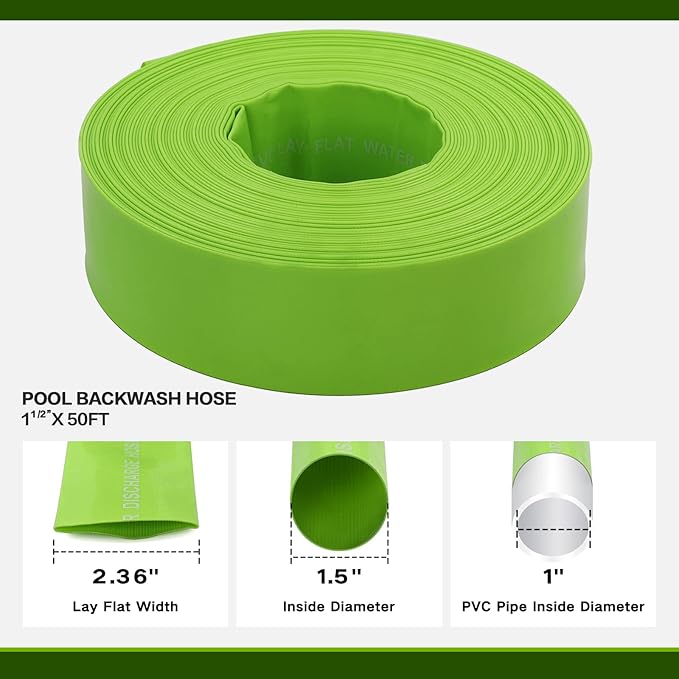 Eastrans 1-1/2'' x 50 FT Pool Backwash Hose with 2 Hose Clamps,Extra Heavy Duty Discharge Hose,Drain Hose for Swimming Pool,Super wear-resistant,weather blast,green