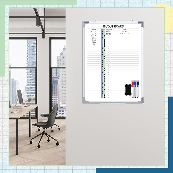 Lincia in and Out Magnetic Dry-Erase Board 24" x 18" Aluminum Framed White Board with Lines 33 Names with Magnetic Dry-Erase Marker, Eraser, and 35 Magnets Wall-Mounted for Office Employee