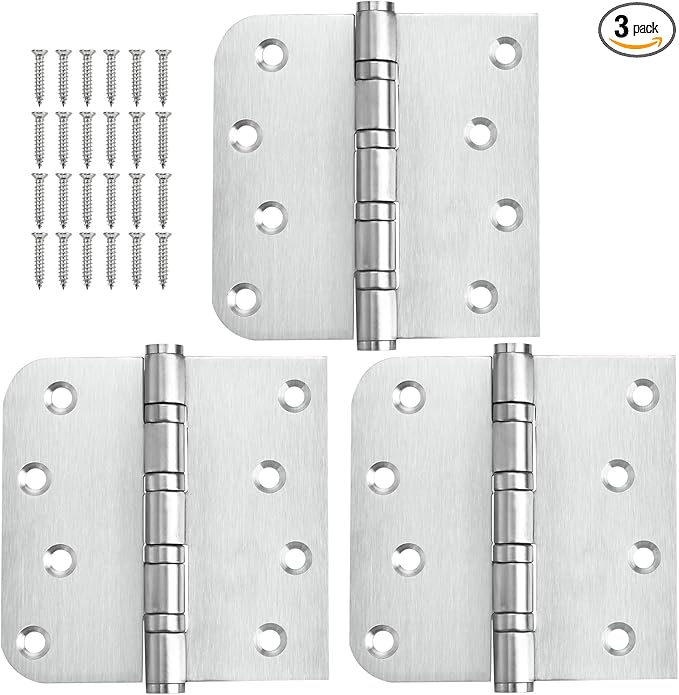 304 Stainless Steel Door Hinges 4 inch X 4 inch Heavy Duty Ball Bearing Non Removable Pin Door Hinges with Square and 5/8'' Radius 3 Pack
