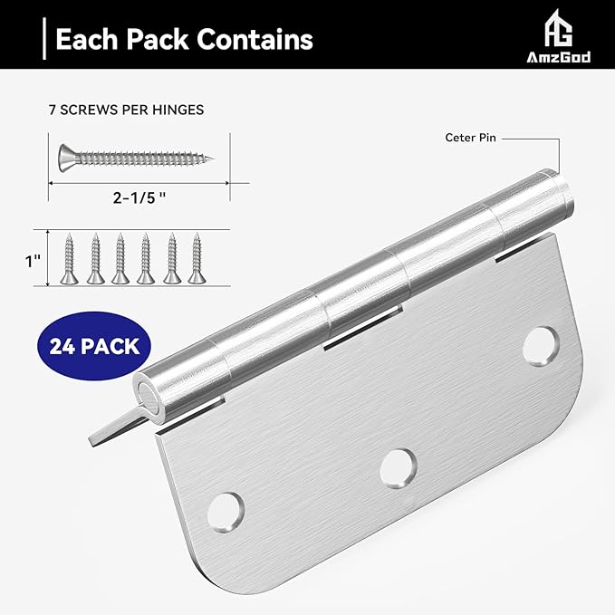 Door Hinges Brushed Nickel - 24 Pack Nickel Door Hinges 3.5 Inch Rounded Interior Satin Nickel Door Hinge with 5/8" Radius - Flat Iron Residential Standard 3 1/2 Inches Silver Door Hardware
