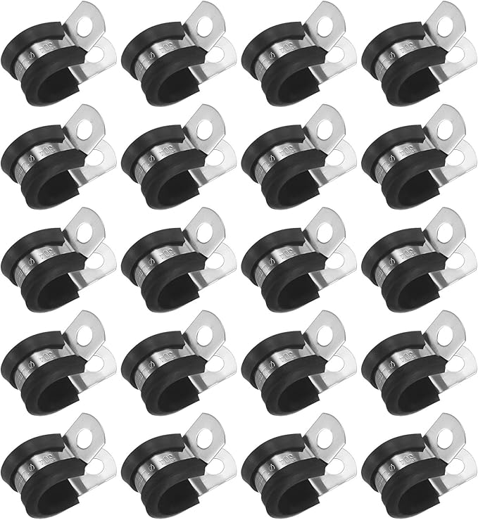 20-Pack Cable Clamps, 15/32 inch/ 12 mm 304 Stainless Steel Rubber Cushioned Insulated Cable Clamp R Shape Metal Holder for Tube/Wire/Pipe/Loop Installation