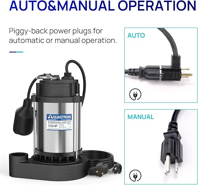 AQUASTRONG 1/2 HP Sump Pump Submersible, 3830 GPH Stainless Steel and Cast Iron Sump Pump, Automatic Float Switch with Piggy-back Plug,1-1/2" NPT Discharge Subpumps for Basement and Flooding Area