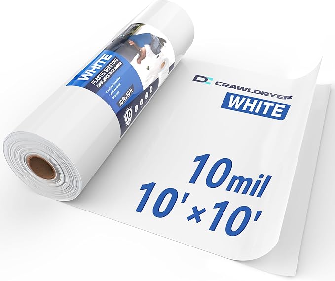 White Crawl Space Vapor Barrier, 10 Mil Vapor Barrier, 10' x 10', White Thick Plastic Sheeting, Heavy Duty Polyethylene Film, White Plastic Drop Cloth Covering for Crawlspace, Basement