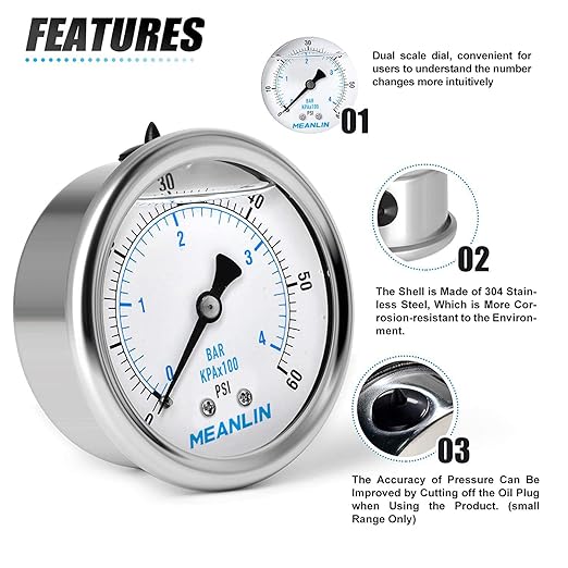 MEANLIN MEASURE 0~60Psi Stainless Steel 1/4" NPT 2.5" FACE DIAL,Liquid Filled Pressure Gauge,Pool Sand Filter Pressure Test Back Mount(Pack of 2) with 1/4" x 1/2" NPT and 1/4" x 3/8" NPT Hex Bushing