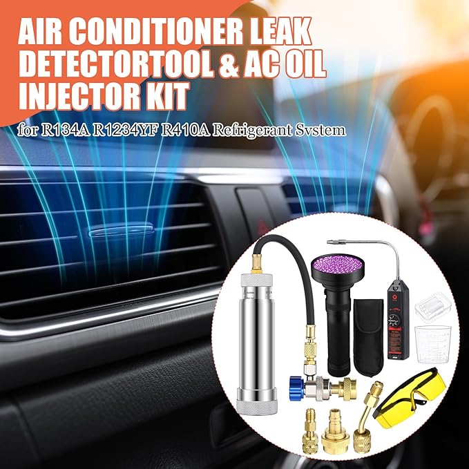 AC Leak Detector Kit, R1234yf R134a R410a AC Oil UV Dye Injector Kit Refrigerant Leak Detector Tool Low Side Quick Coupler Mini Split Adapter Glasses Flashlight(Practical)