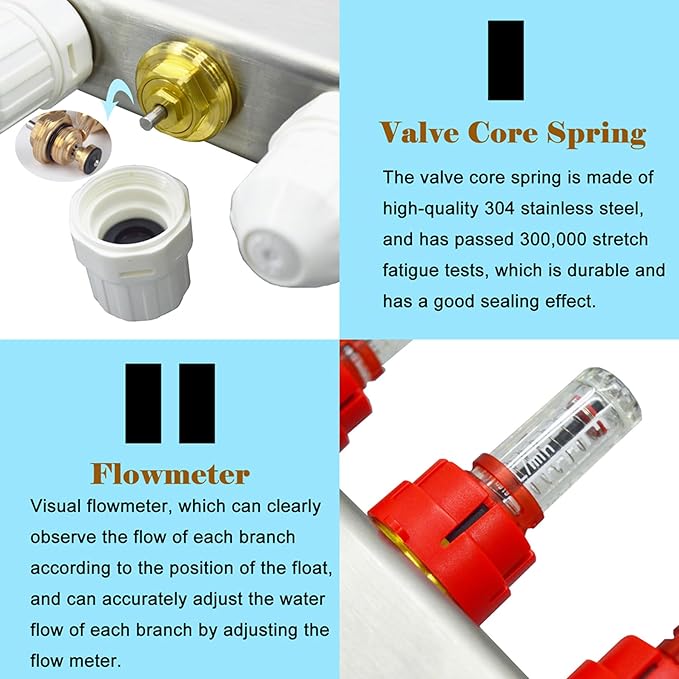 3 Branch PEX Radiant Floor Heating Manifold Set, Floor Heating Water Distributor 1/2" Pipe Adapter 304 Stainless Steel and Brass, for Heating Systems