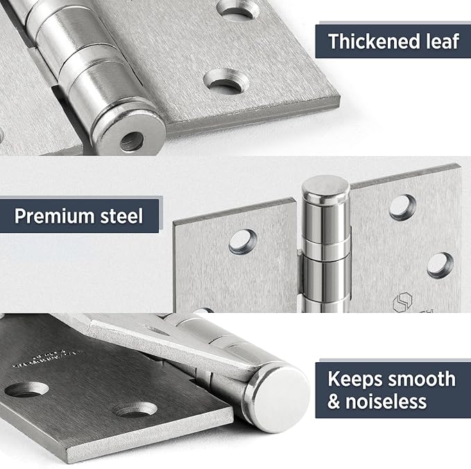 Satin Chrome 4.5 Inch Heavy Duty Commercial Hinges Square Radius Corners Brushed Silver Door Hinges 4 ½"x 4 ½" Ball Bearing Door Hinges for Interior Exterior Door - 3 Pack