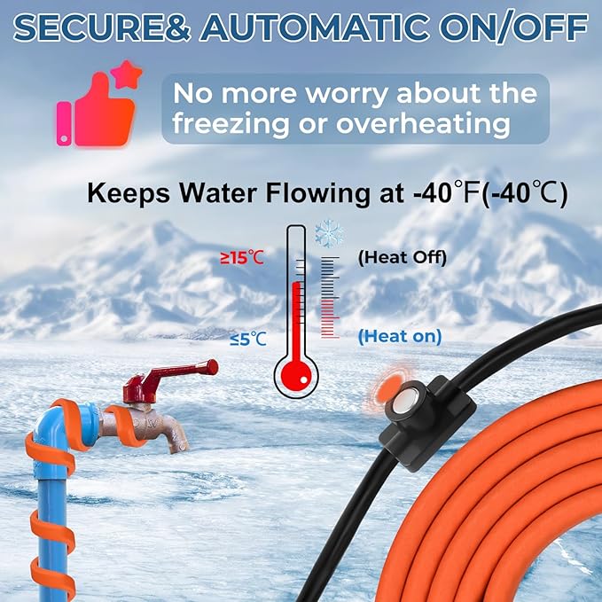 9FT Heat Tape for Water Pipes Freeze Protection IP65 Waterproof 7W/FT 110V BDDFOTO Water Pipe Heat Cable With Thermostat Self-Regulating Pipe Heater for House Garden/RV Camper