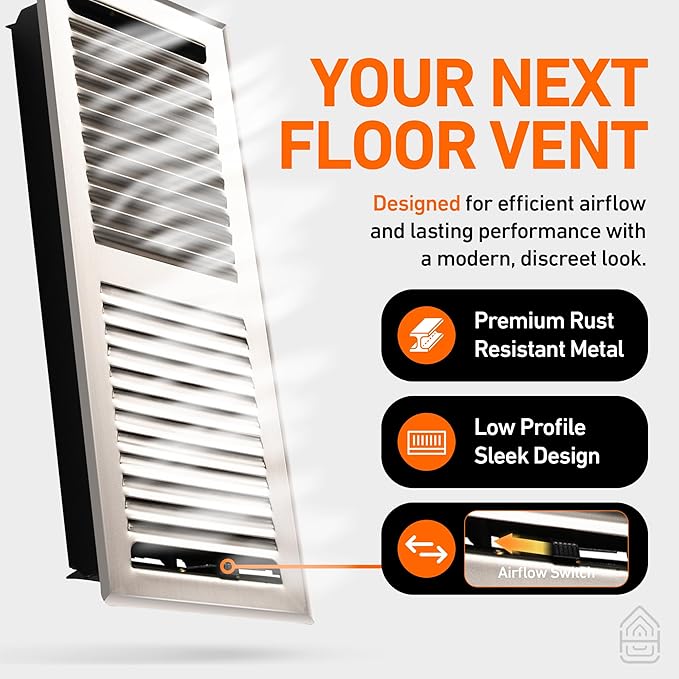 Home Intuition Contemporary Floor Vent Covers 2X14 Inch Floor Register with Mesh Cover Trap Heat and Air Walkable Metal Floor Vent for HVAC Duct, Satin Nickel