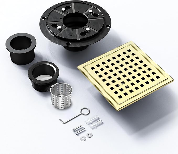 6 Inch Square Shower Floor Drain with Removable Cover Grid Grate, SUS 304 Stainless Steel, Watermark&CUPC Certified, Chrome Finished (Gold, 6 in)