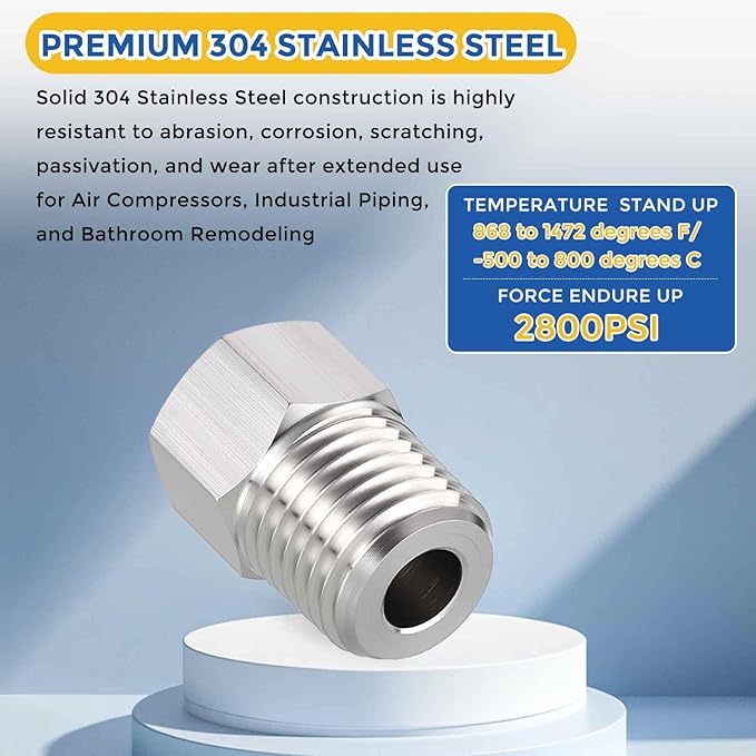 2 Pack 304 Stainless Steel Pipe Fittings, 1/4" MNPT to 1/8" FNPT Hex Bushing Reducer, Hose Tube Threaded Adapters for Air, Oil, LP, Gas