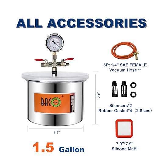 BACOENG 1.5 Gallon Vacuum Chamber, Stainless Steel Degassing Chamber Kit for Resin, Silicone and Epoxies
