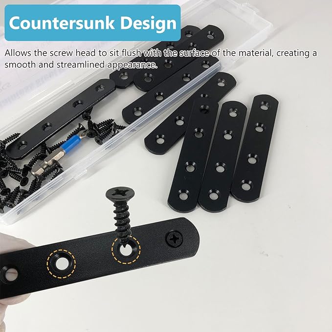 8 Pcs Black Straight Mending Plate Bracket Brace Stainless Steel Straight Brackets 95mm / 3.74" Wood Brace with Screws and Screwdriver