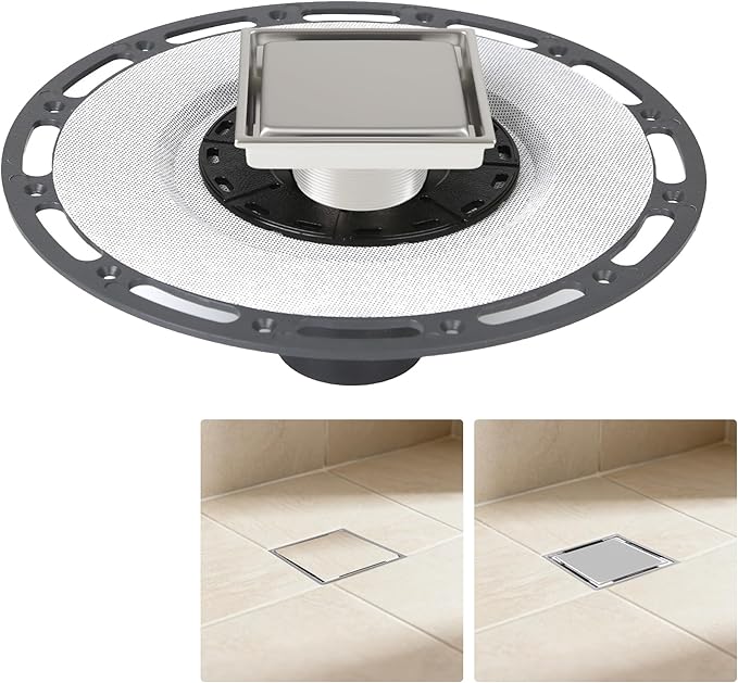 4-Inch Square Shower Drain Kit with Tiled Insert Grate, Brushed Stainless Steel Cover, PVC Bonding Flange & Hair Strainer, Fits 2" & 3" Pipes for Tiled Floors