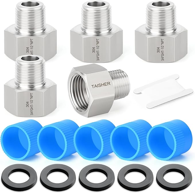 TAISHER 5PCS 304 Stainless Steel Garden Hose Adapter, 3/4" GHT Female x 1/2" NPT Male Garden Hose Connector with Washers