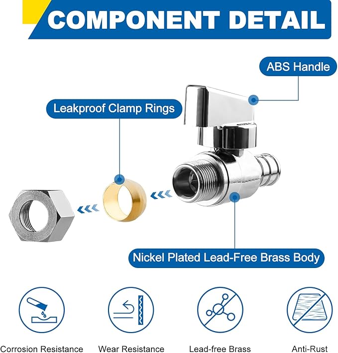 1/4 Turn Straight Stop Valve, 1/2" Crimp Pex F1807 X 3/8" OD Compression For Toilets And Faucets (Pack of 4)